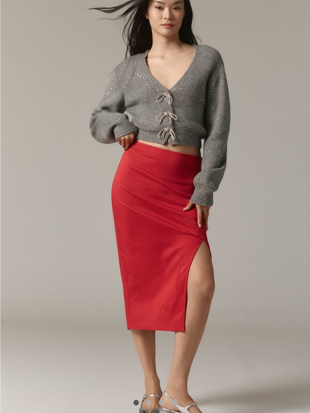 NWT Anthropologie Maeve Red Bow Midi Skirt with Side Slit